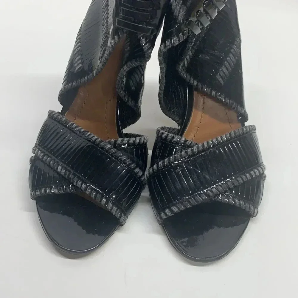 Givenchy High Heel Shoes Patent Leather Textured Open Toe Black Size EU 35 US 5